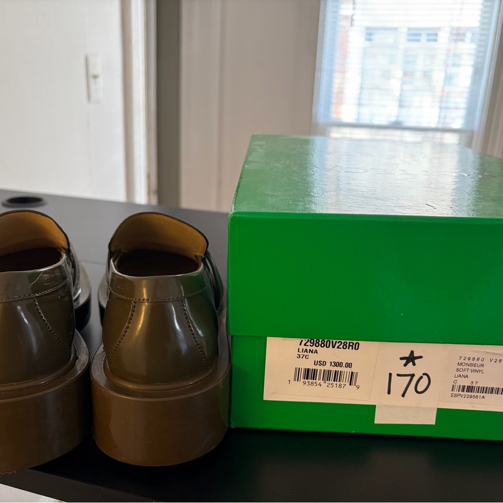 Bottega Veneta Olive Green Loafers with Gold Accents - Picture 6 of 7